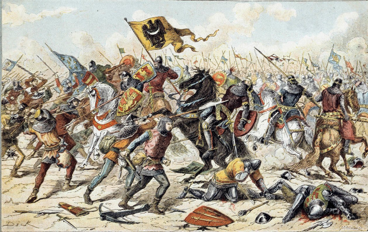 Fransk-engelsk krig (1202-1214): slaget ved Bouvines 27.07.1214 mellom den franske hæren til Philippe Auguste og flamske og velver fra Othon IV. Den franske seieren var avgjørende for krigens utfall. 1800-tallet. Paris, Musee de l