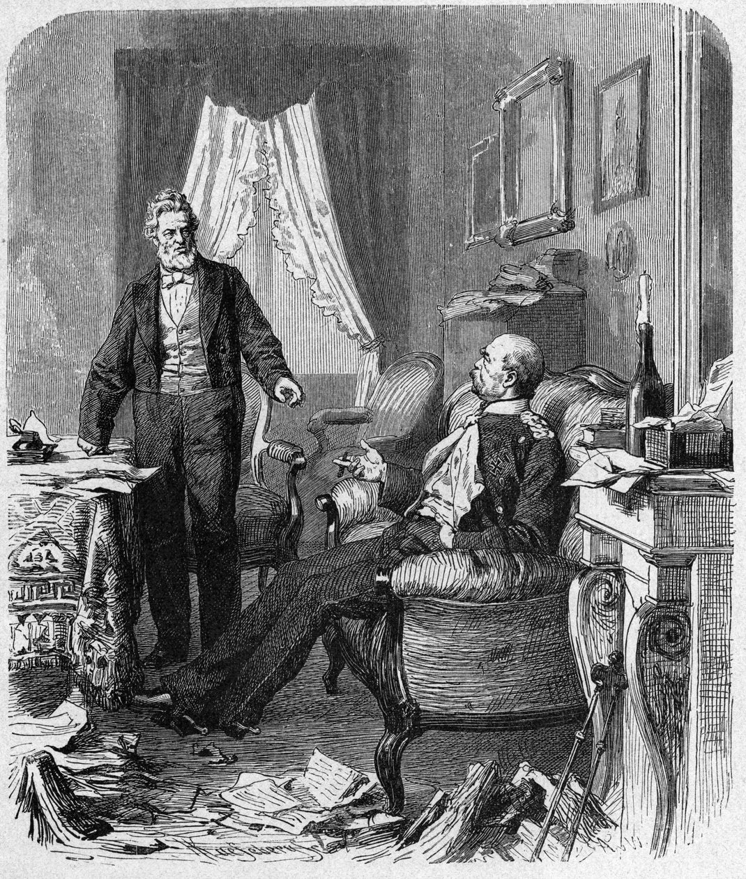 Fransk-prøyssisk krig (1870-1871) intervju mellom grev Bismarck og M. Jules Favre, september 1870 - politisk intervju mellom kansler Bismarck (1815-1898), Jules Favre (1809-1880) i Versailles i Madame Jesses hus - gravering fra 1800-tallet av Unknown artist