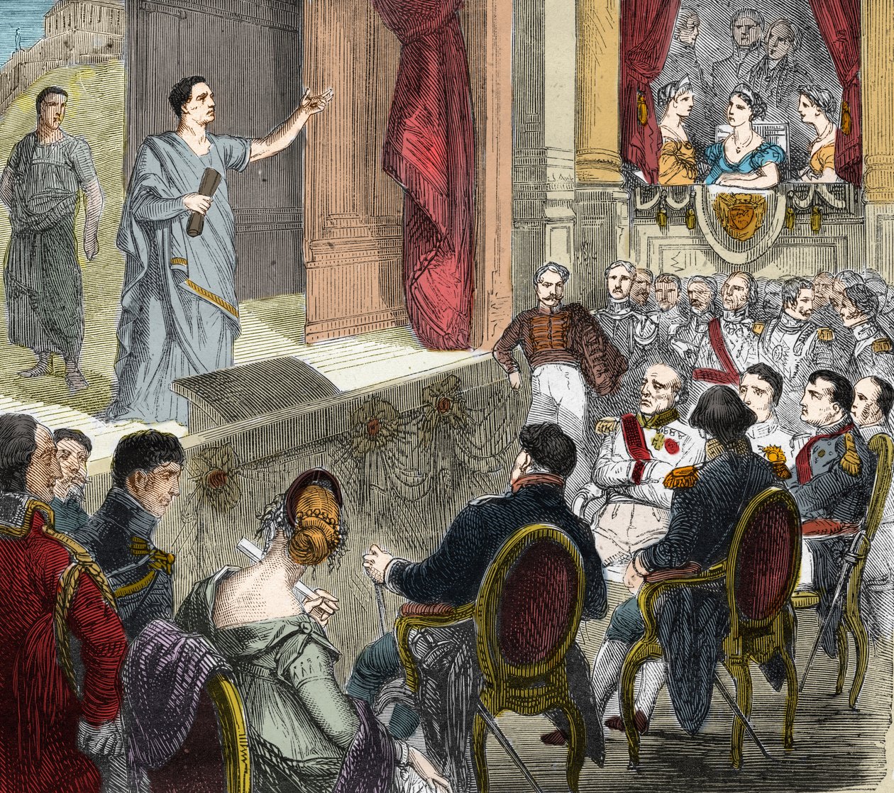 Francois-Joseph (Francois Joseph) Talma (1763 - 1826), fransk komiker, som spilte "The Death of Cesar", tragedie i tre akter fra Voltaire til Erfurt (erfurth) foran en parterre av konger bestående av Napoleon I og Alexander I, tsar av Russland (1777-1825). av Unknown artist