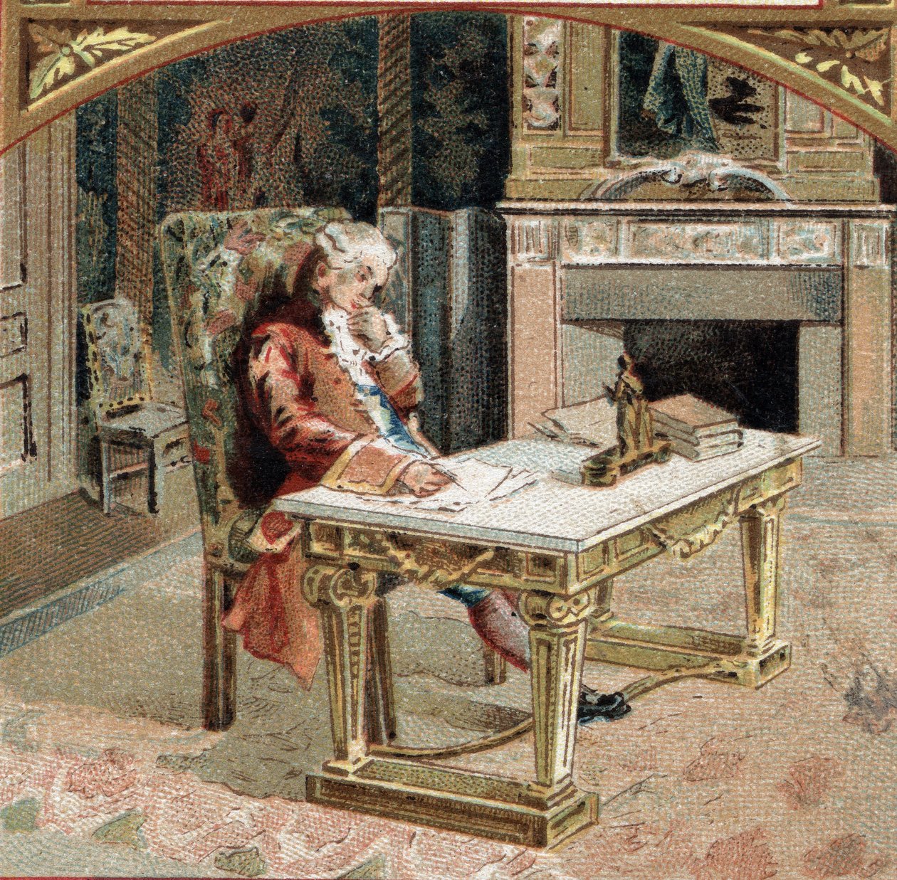 Francois-Marie (Francois Marie) Arouet de Voltaire dit Voltaire (1694-1778), 23 år på slottet Sully-sur-Loire (Sully sur Loire). Kromolitografi fra slutten av 1800-tallet av Unknown artist