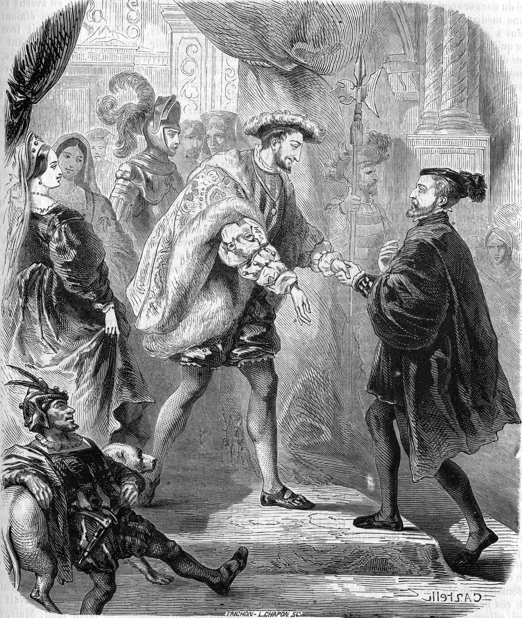 Francois 1., konge av Frankrike (1494-1547) og Charles V (1500-1558) møttes på Chateau de Chatellerault i januar 1540. I "" Histoire populaire de la France"", nd. ca 1885. Gravering. av Unknown artist