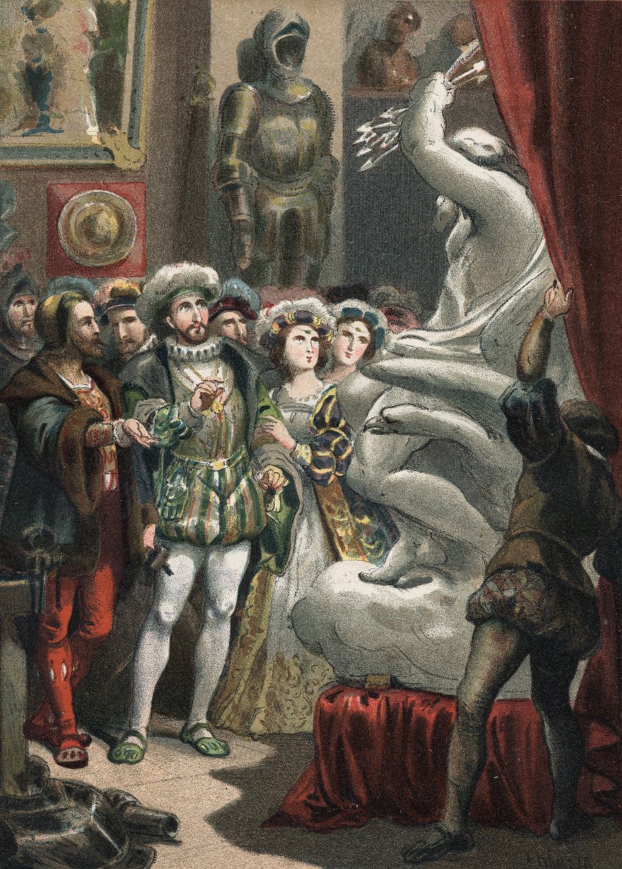 Francois I (1494-1547), konge av Frankrike, ved den italienske billedhuggeren Benvenuto Cellini (1500-1571) gravering fra 1881 i "Skjønnhetskulten"" av Juan Justo Huguet, Molinas Hermanos redaktører av Unknown artist