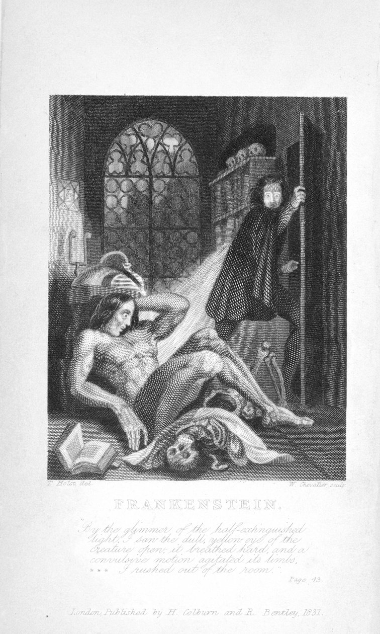 Frankenstein. «Ved glimtet av det halvt slukkede lyset så jeg det matte gule øyet til skapningen åpnet: den pustet hardt og en krampaktig bevegelse agiterte dens lemmer. Jeg skyndte meg ut av rommet. av Unknown artist