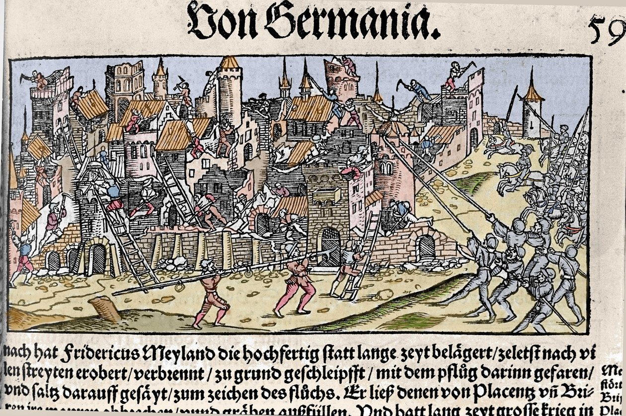 Frederick Barbarossa Keiser av Det hellige romerske rike erobret og ødela Milano.I 1162. av Unknown artist