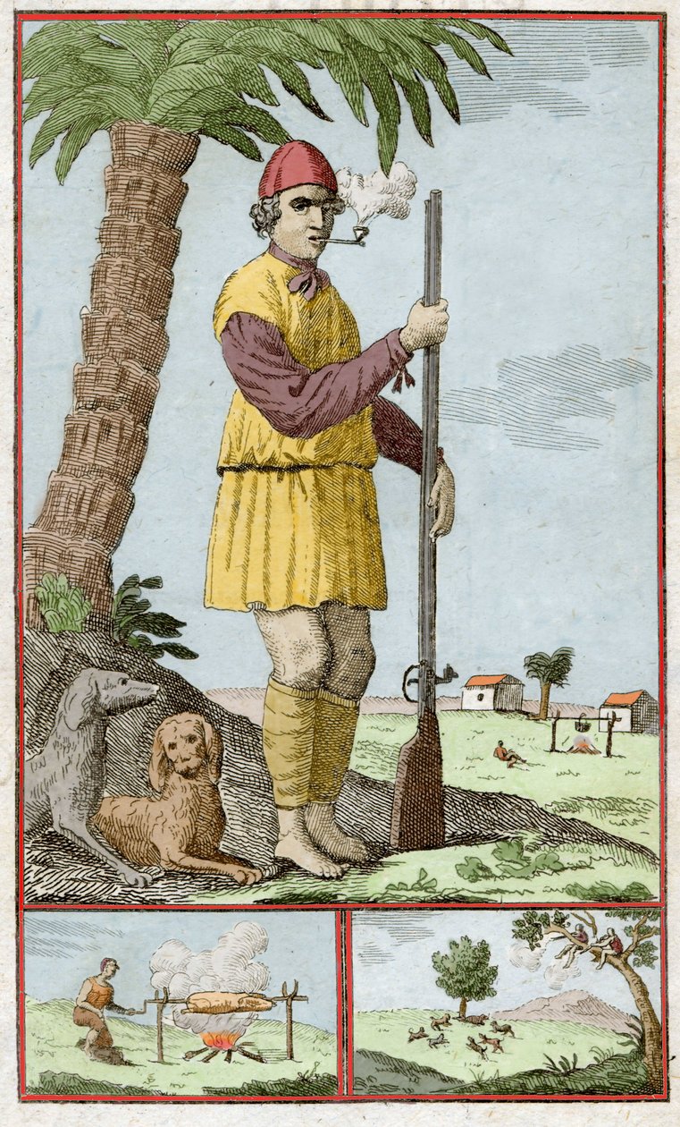 Fransk buccane fra Santo Domingo (Haiti). Gravering i "Historie om eventyrerne Filibusters and Buccaneers Reported in the Indies"" av Alexandre Olivier Exquemelin (1645-1710). av Unknown artist