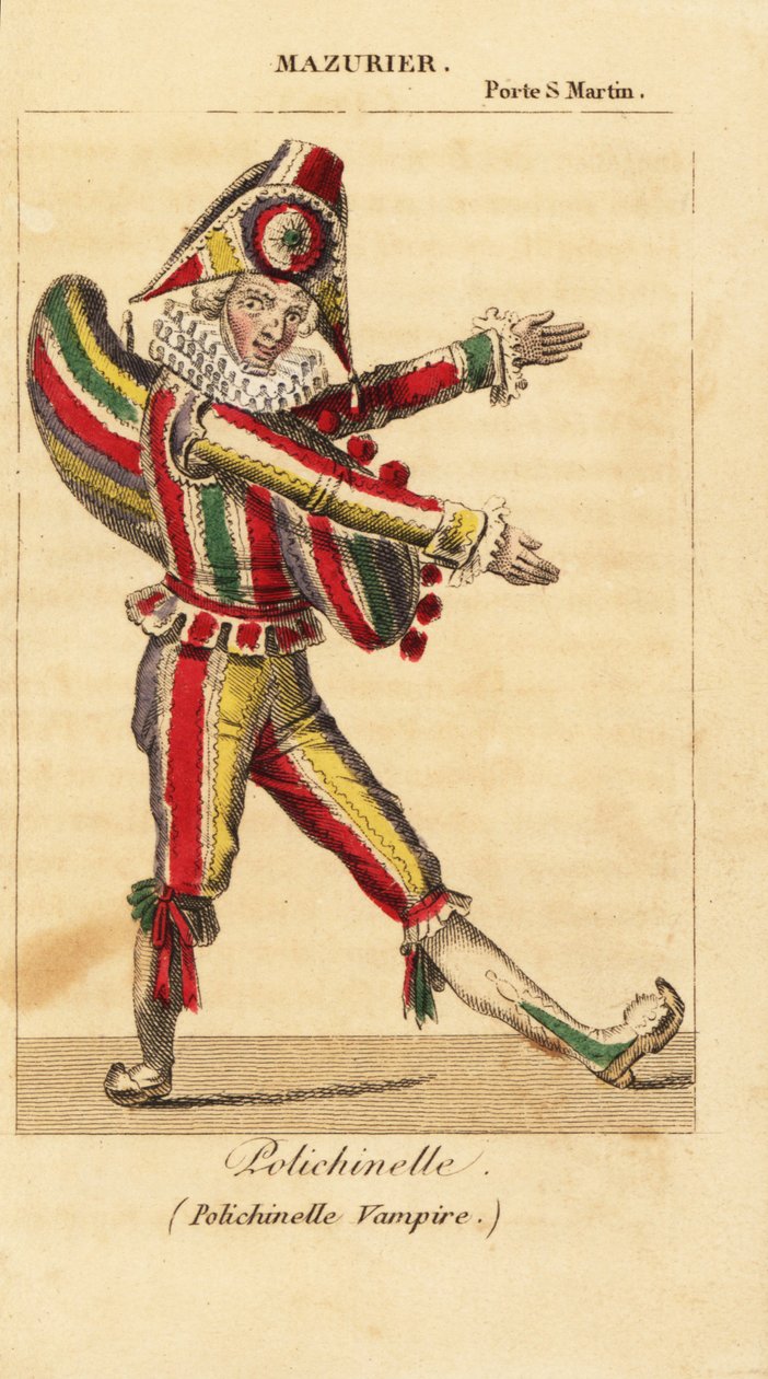 Den franske tegneseriedanseren og mimekunstneren Charles-Francois Mazurier som Polichinello i Polichinelle Vampire av Theodore de Banville ved Theatre de la Porte Saint-Martin av Unknown artist
