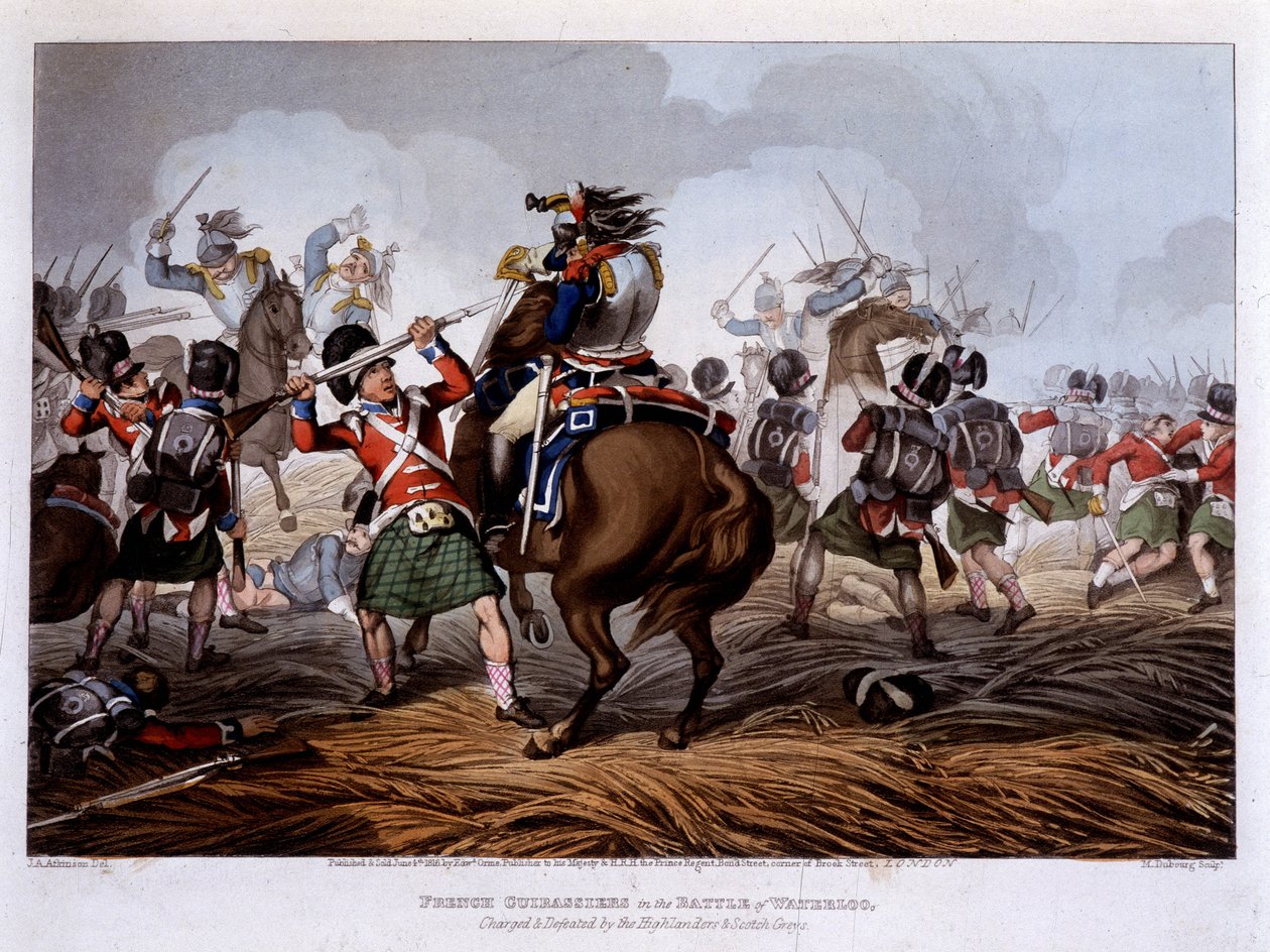 Franske curassiers ved Waterloo - i "" Historiske, militære og marine anekdoter og hendelser som ankom våpenet til Storbritannia og deres allierte, og endte i Waterloo"" - av Edward Orme, ill. av Fry, London av Unknown artist