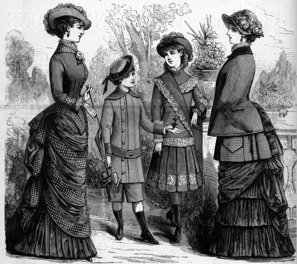 Fransk feminin og barnemote på 1800-tallet. Reklame for 1882. Gravering i "" The Illustrous World"" nr. 1302 av 11. mars 1882. av Unknown artist