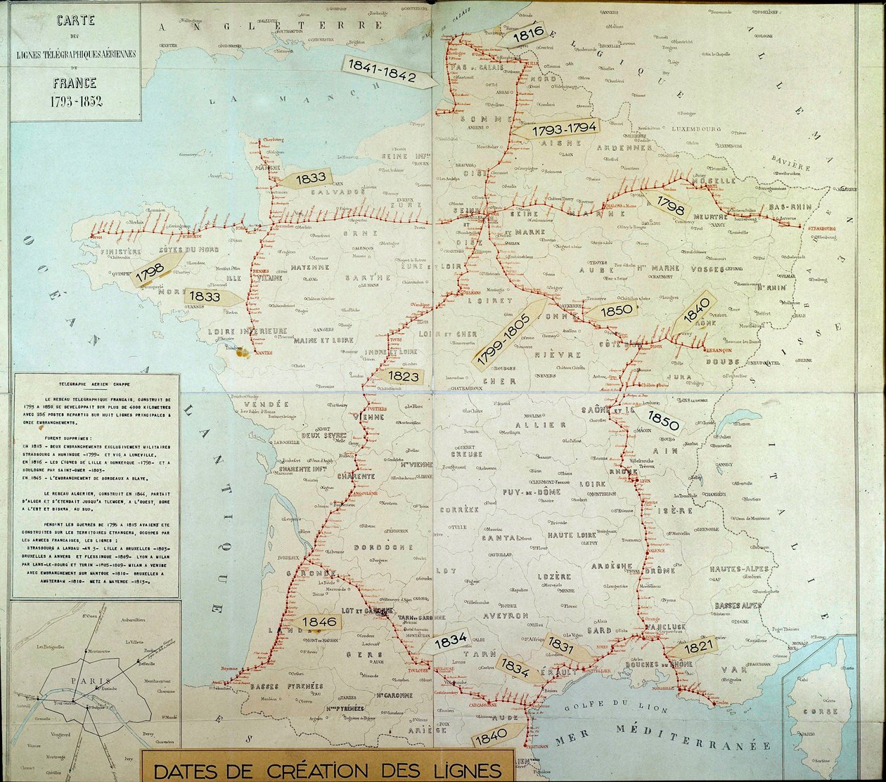 Fransk geografisk kart som viser lufttelegrafiske linjer. Begynnelsen av 1800-tallet. Paris, Musee de la Poste av Unknown artist