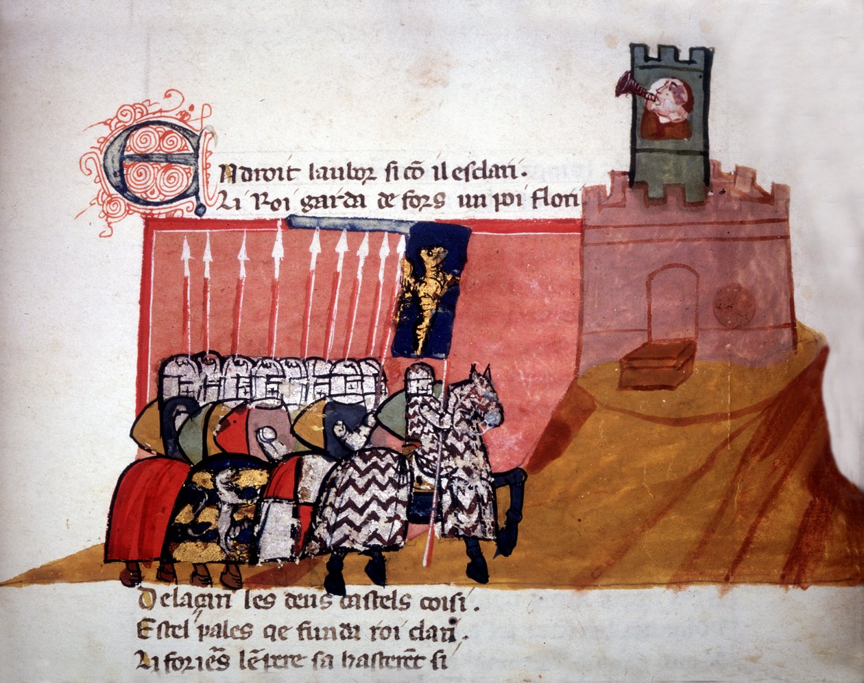 Franske riddere ankommer foran et slott. 1200-talls manuskript. av Unknown artist