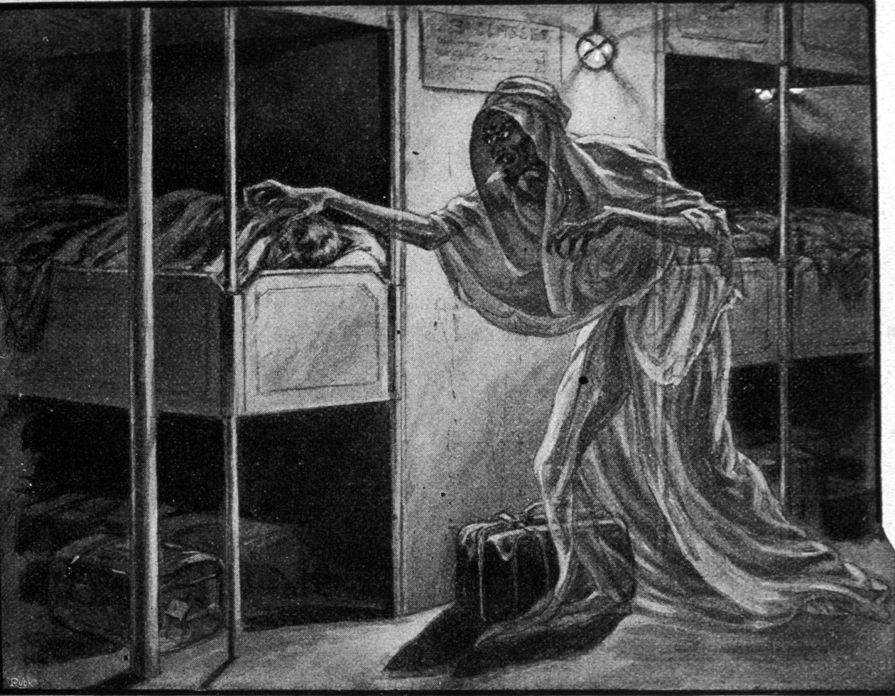 Fransk propaganda mot den spanske influensaepidemien har sitt utgangspunkt: sykdommen er representert allegorisk som en bekymringsfull figur som nærmer seg en person som sover i sovesalen til et migrantskip. av Unknown artist