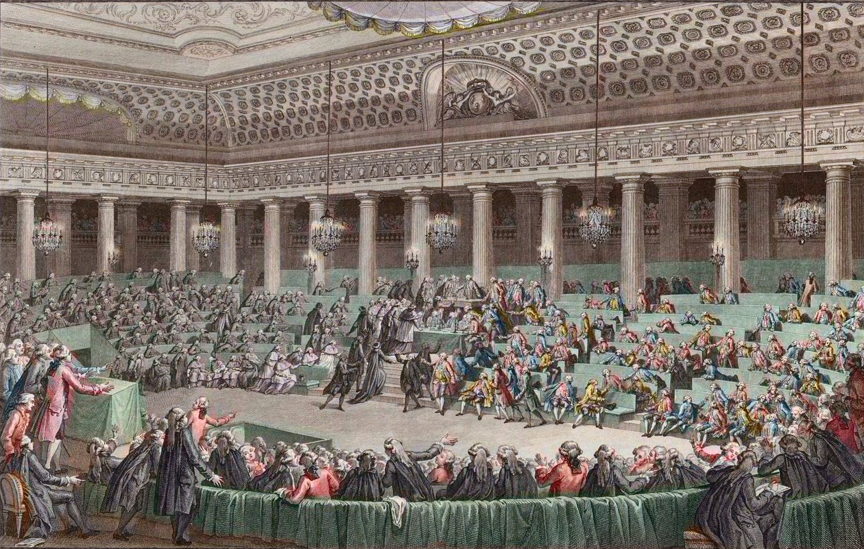 Fransk revolusjon - Nasjonalforsamlingen gir avkall på alle privilegier, 4. august 1789, gravert av Helman - Assemblee - Nationale Abandonment de tous - les privilegier, en Versailles, Seance de la - Nuit du 4 au 5 april 1789 av Unknown artist