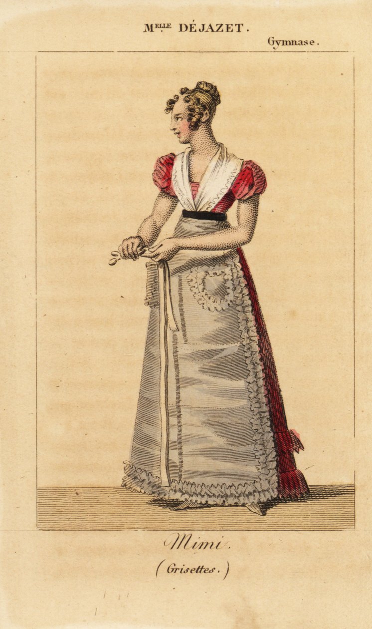 Den franske sopranen Mlle Virginie Dejazet som Mimi i enakters vaudeville Grisettes av Scribe og Dupin på Gymnase-Dramatique av Unknown artist