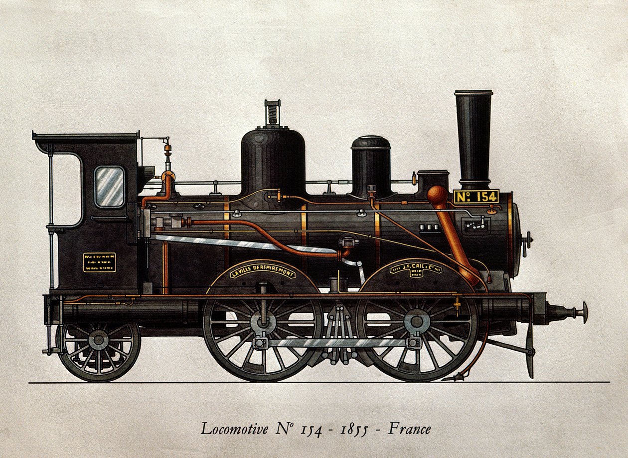 Fransk tog: Lokomotiv Numero 154 av 1855. Gravering. Paris, dekorativ kunst av Unknown artist