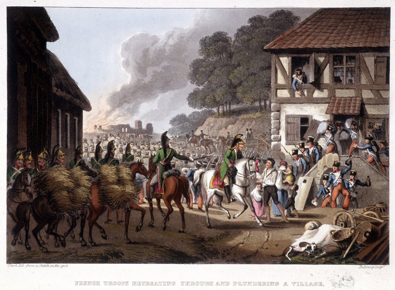 Franske tropper trekker seg tilbake og plyndrer en landsby - i "historiske, militære og marineanekdoter..." av Edward Orne av Unknown artist