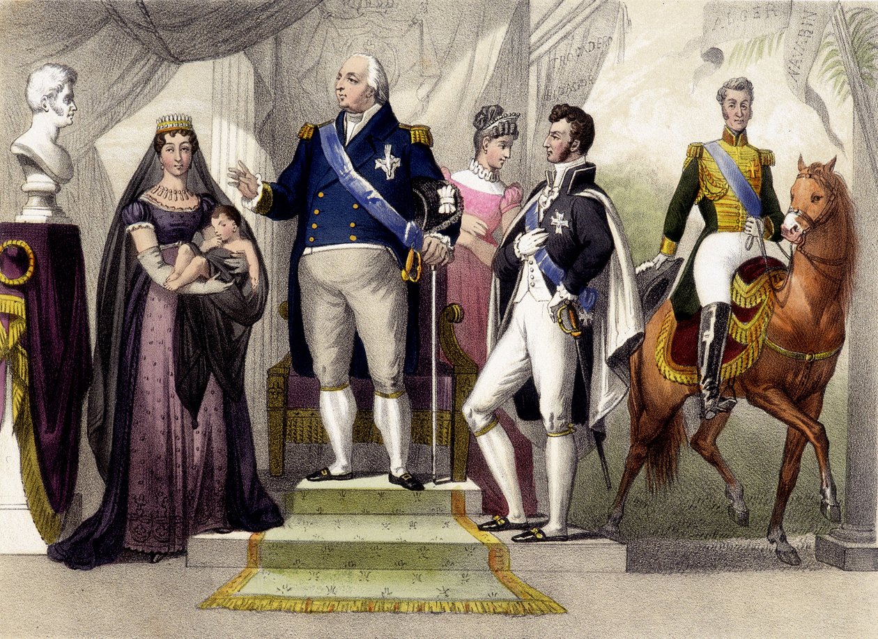 Fra 1814 til 1830. Hertugen og hertuginnen av Berry, Louis XVIII, hertugen av Bordeaux, hertuginnen av Angoulème og Charles X. Gravering av 1800-tallet. av Unknown artist