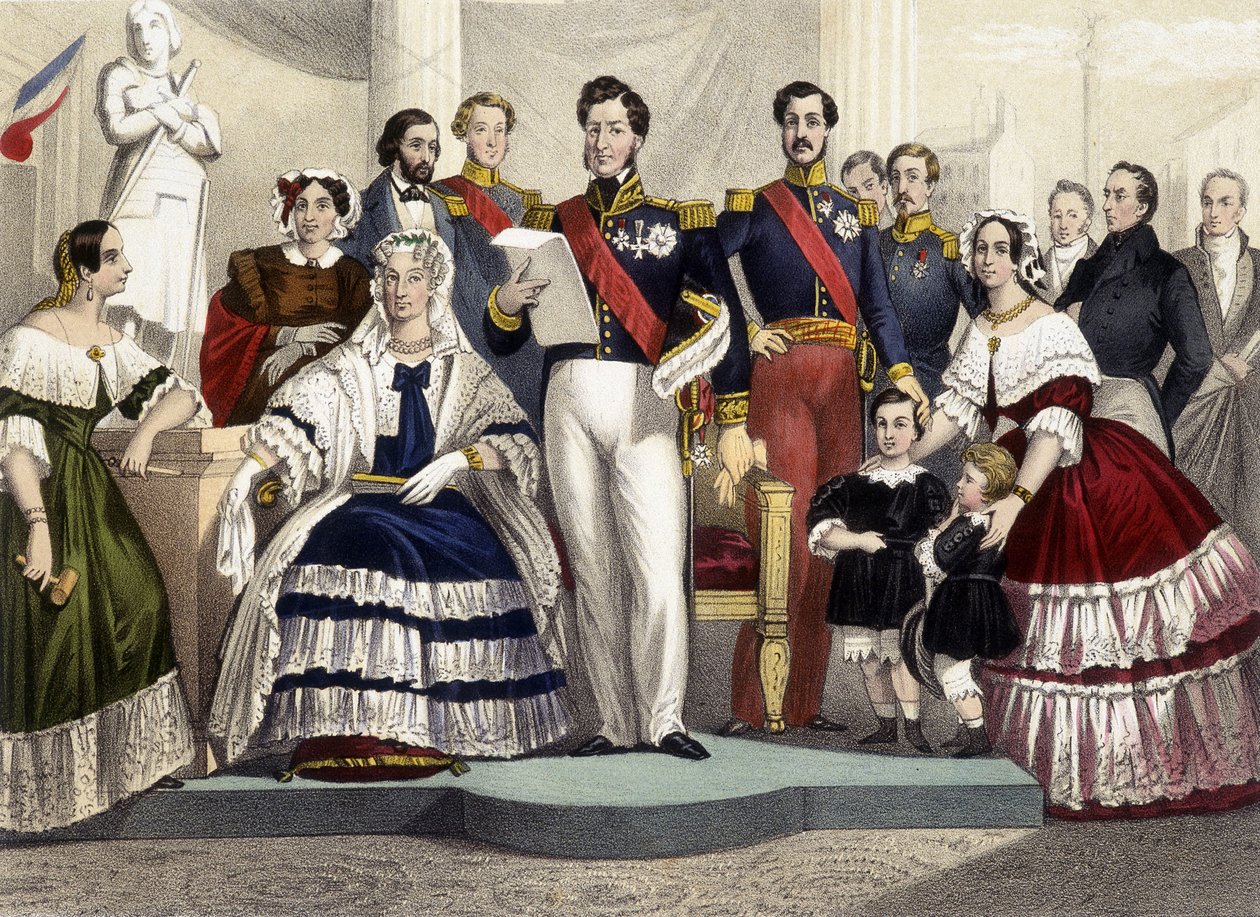 Fra 1830 til 1848. Prinsesse Marie, Marie Amélie, Louis Philippe 1., greven av Paris, hertugen av Chartres og prinsesse Hélène. Gravering av 1800-tallet. av Unknown artist