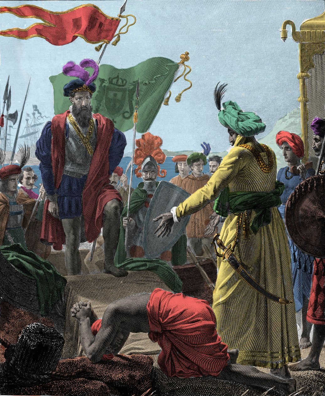 Fra Vasco de Gama (1469-1524, portugisisk oppdagelsesreisende) til Calicut (dagens Kozhikode) i India i 1498. Gravering 1817.. av Unknown artist
