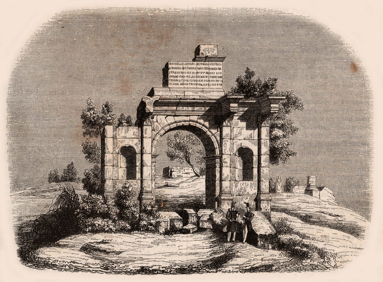 Forfra av den romerske buen til Djemilah i Algerie: to franske soldater poserer foran ruinene av Unknown