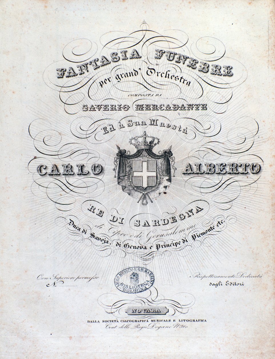 Frontispice for Fantasia funebre, orkesterverk av Mercadante av Unknown artist