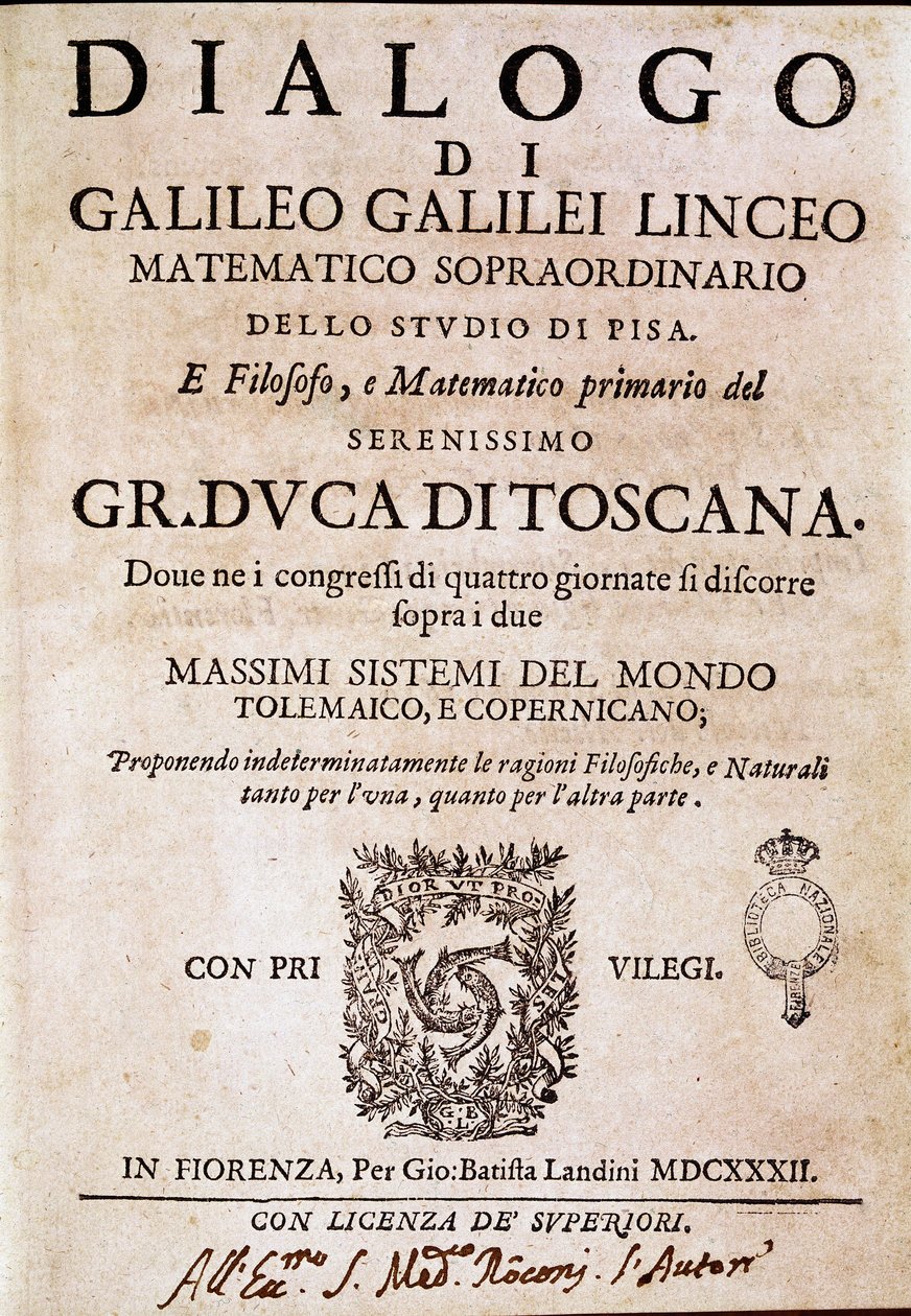 Frontispice of "" Dialogue on the Two Great Systems of the World"" (dialogo sopra i due massimi sistemi del mondo) bestilt av pave Urban VIII til astronomen og fysikeren Galileo Galilei dit Galilee (1564-1642) rundt 1620 og publisert i 1632 Det av Unknown artist