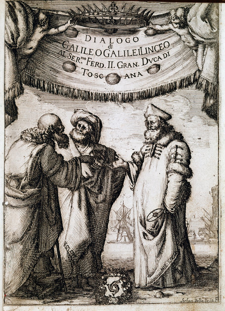 Frontispice of "" Dialogue on the Two Great Systems of the World"" (dialogo sopra i due massimi sistemi del mondo) bestilt av pave Urban VIII til astronomen og fysikeren Galileo Galilei dit Galilee (1564-1642) rundt 1620 og publisert i 1632 Det av Unknown artist