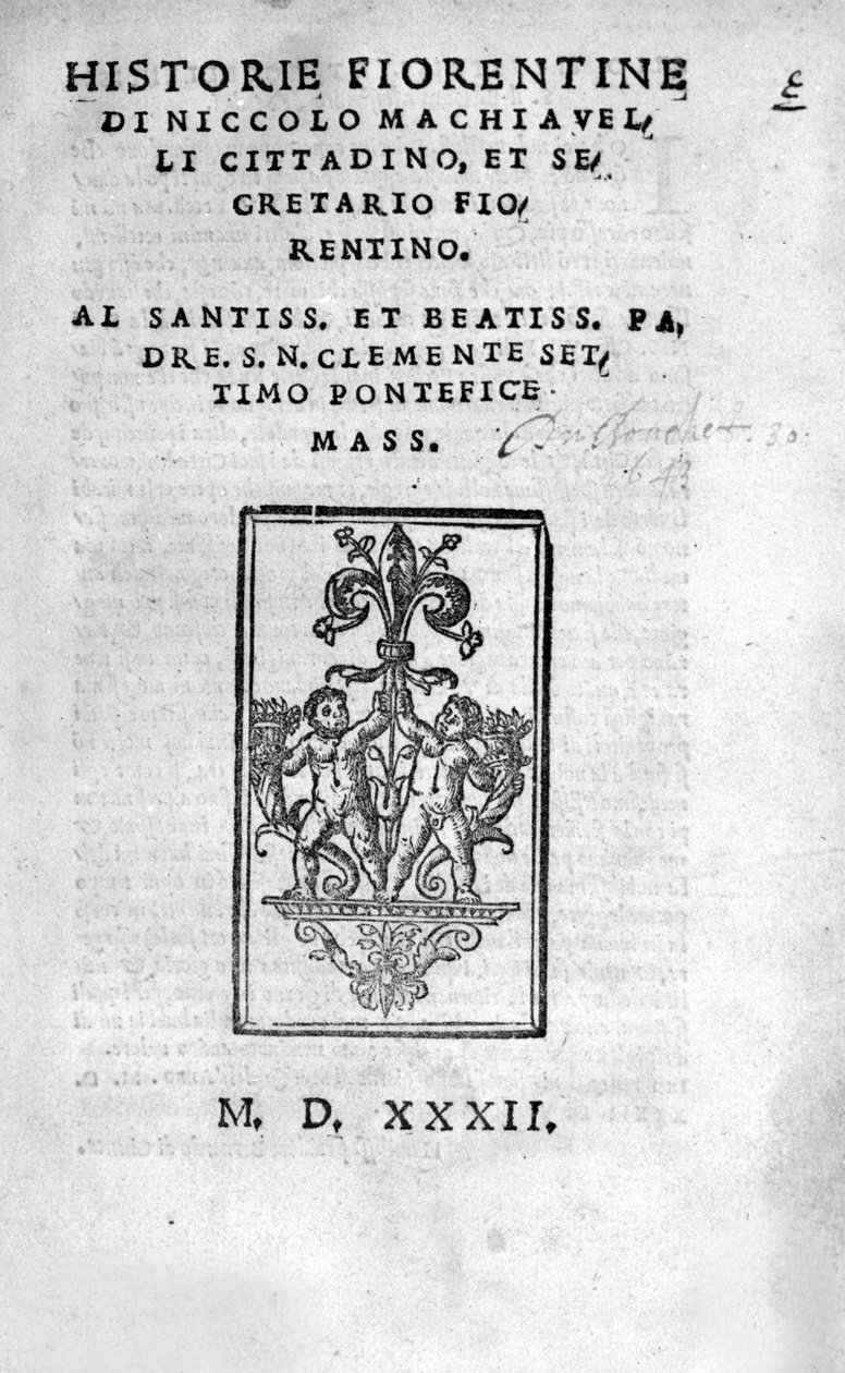 Frontispice of "" Historie Fiorentine av Niccolo (av Bernardo dei) Machiavelli (Nicolas Machiavel av Unknown artist