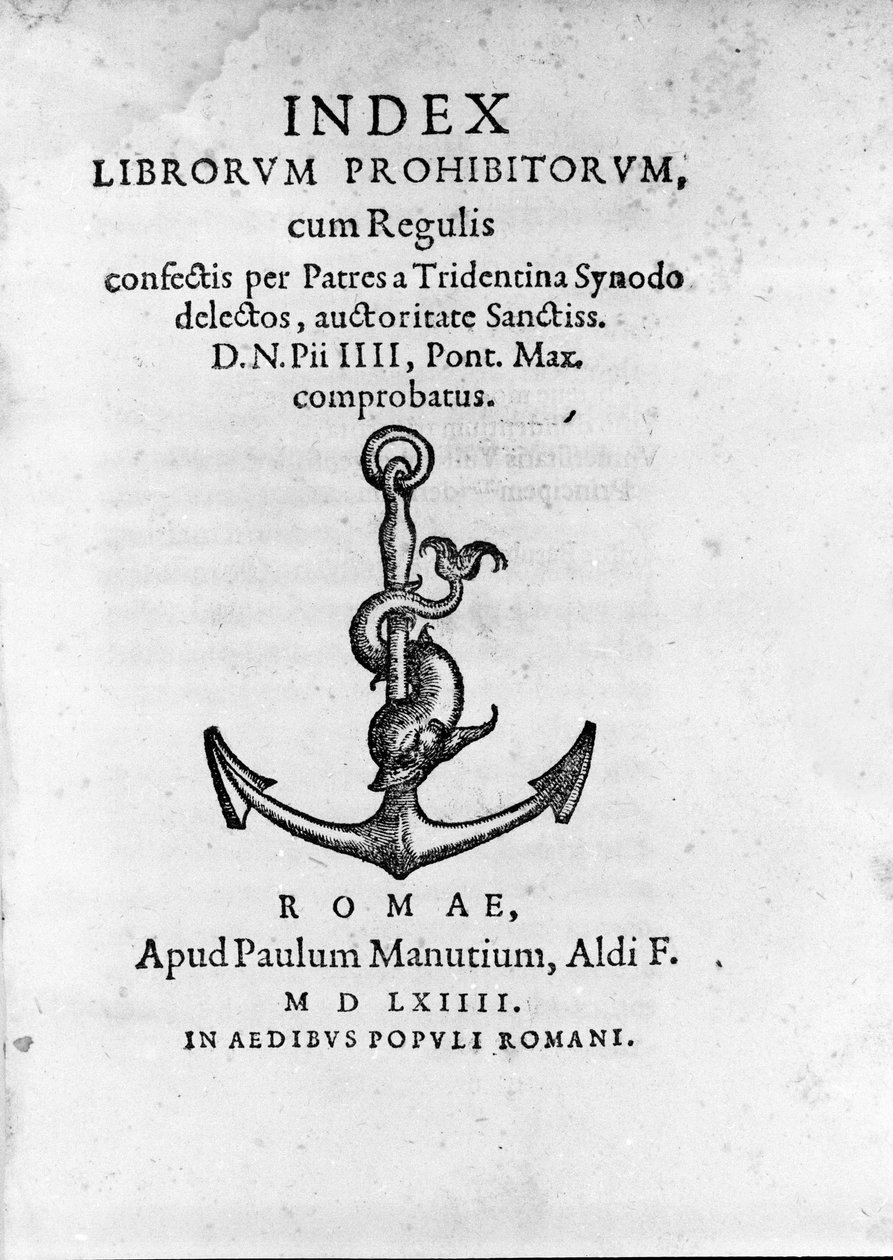 Frontispice of Index Librorum Prohibitorum (Indeks over forbudte bøker eller Index Exurgatorius) utgitt i Roma i 1564. Han lister opp bøker som romersk-katolikker ikke fikk lese. av Unknown artist