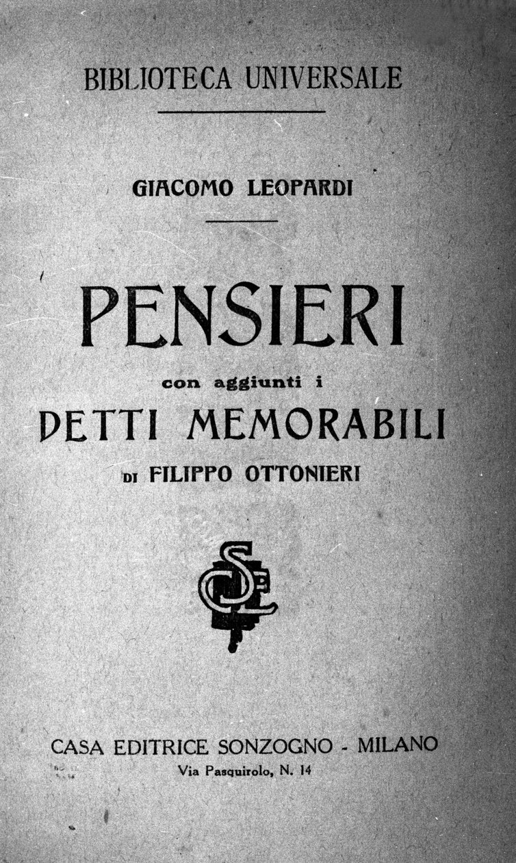 Frontispice av "" Pensieri "" (Pensees) av den italienske poeten Giacomo Leopardi (1798 - 1837) 1800-tallet av Unknown artist