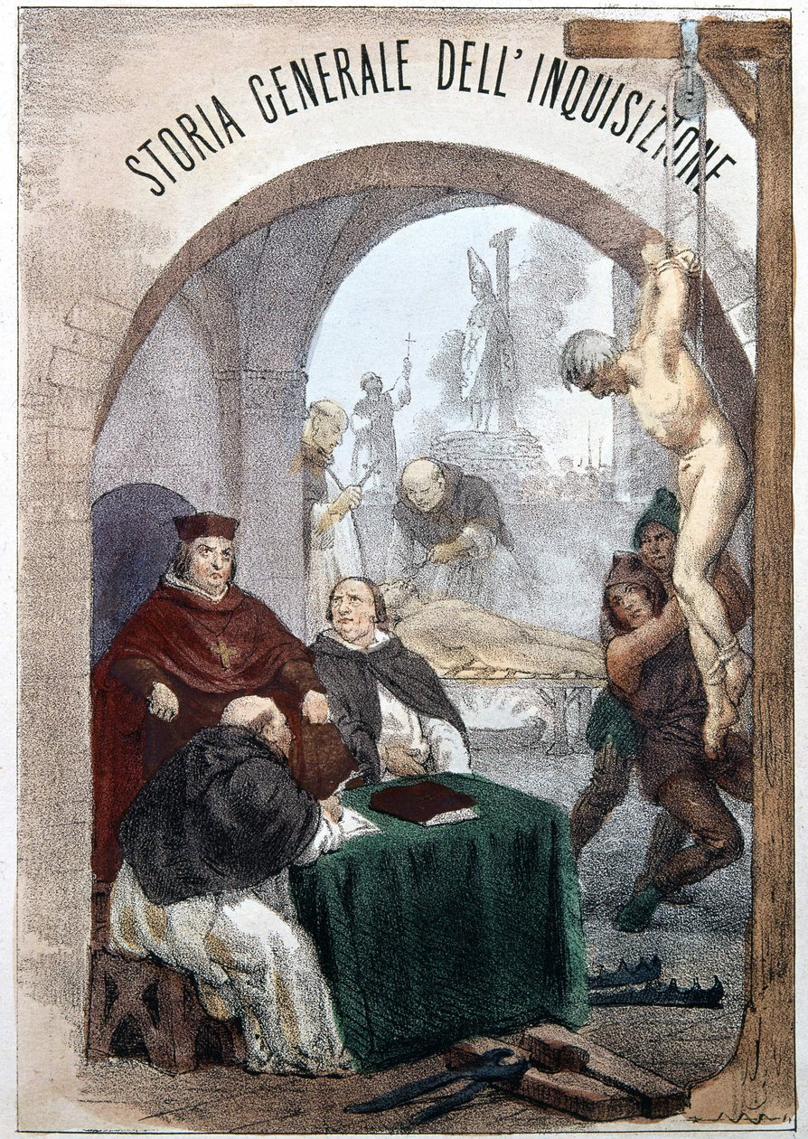 Frontispice of The General History of the Inquisition av Pietro Tamburini med en illustrasjon som viser scener med symbolsk inkvisisjon. Milano 1850. av Unknown artist