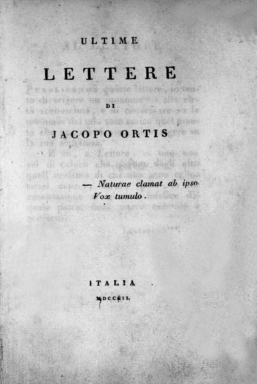 Frontispice av "The Last Letters of Jacopo Ortis"" av den italienske poeten og dramatikeren Ugo Foscolo (1778-1827) 1802 av Unknown artist