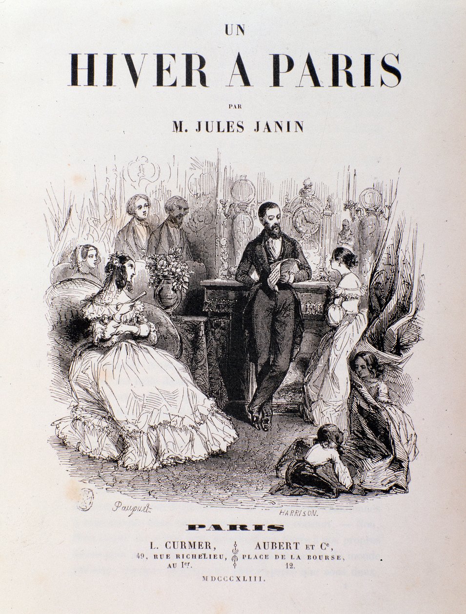 Frontispice av "" Un hiver à Paris"" av Jules Janin, parisere møttes i en salong under en mottakelse. 1843 Privat samling av Unknown artist