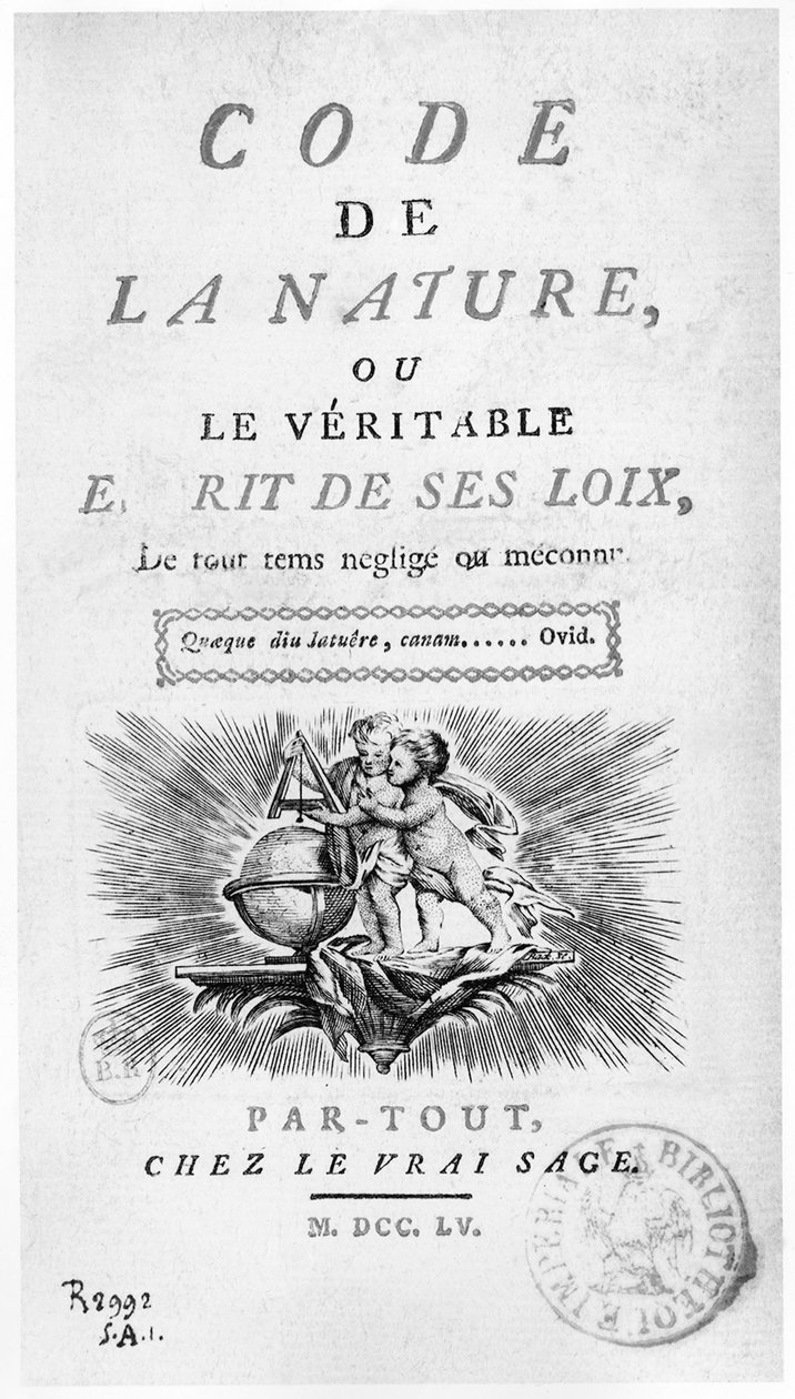 Frontispice av "Code la Nature"": engler med en globus - gravering av Unknown artist