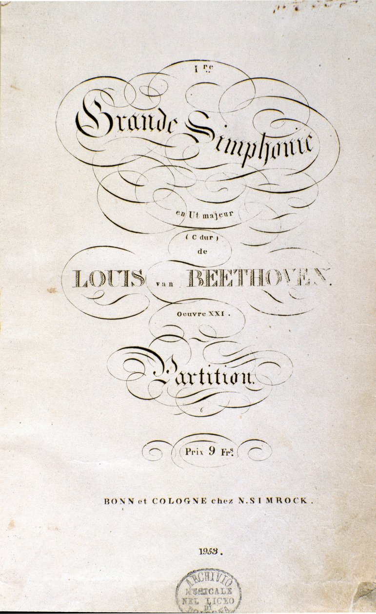 Frontispice av den første tyske utgaven av partituret til Symphony n. 1 i C-dur av den tyske komponisten Ludwig van Beethoven (1770-1827) (1799-1800). Bonn av Unknown artist