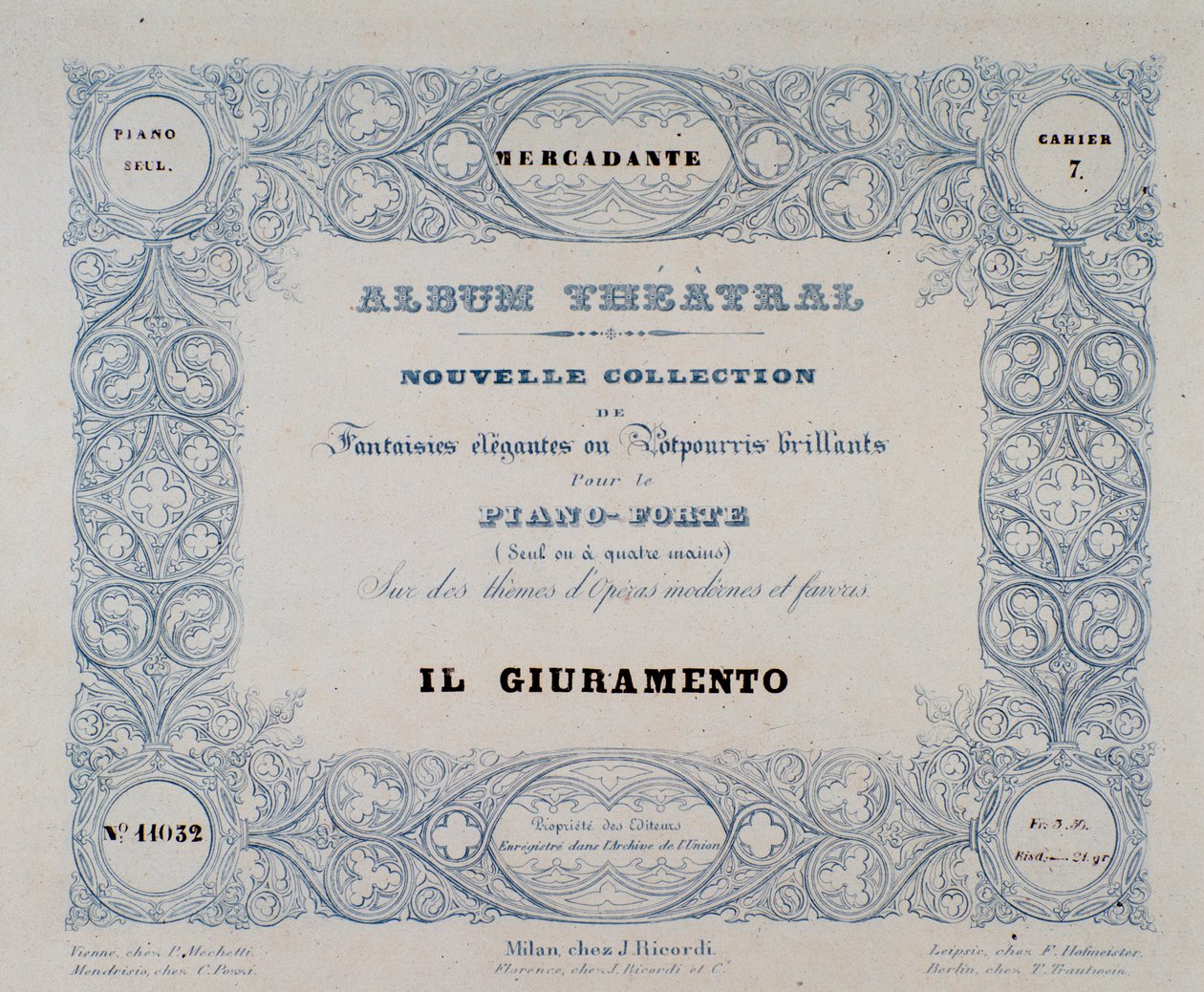 Frontispice av operaen Il Giuramento, av Mercadante (1837) av Unknown artist