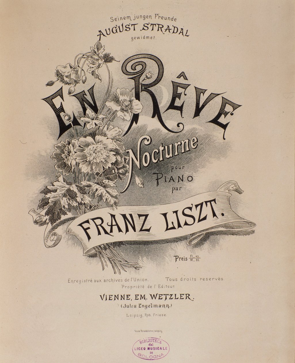 Frontispice av partituret "" En reve"" av Franz Liszt (1811-1886) Bologna fra 1800-tallet, civico museo musicale av Unknown artist