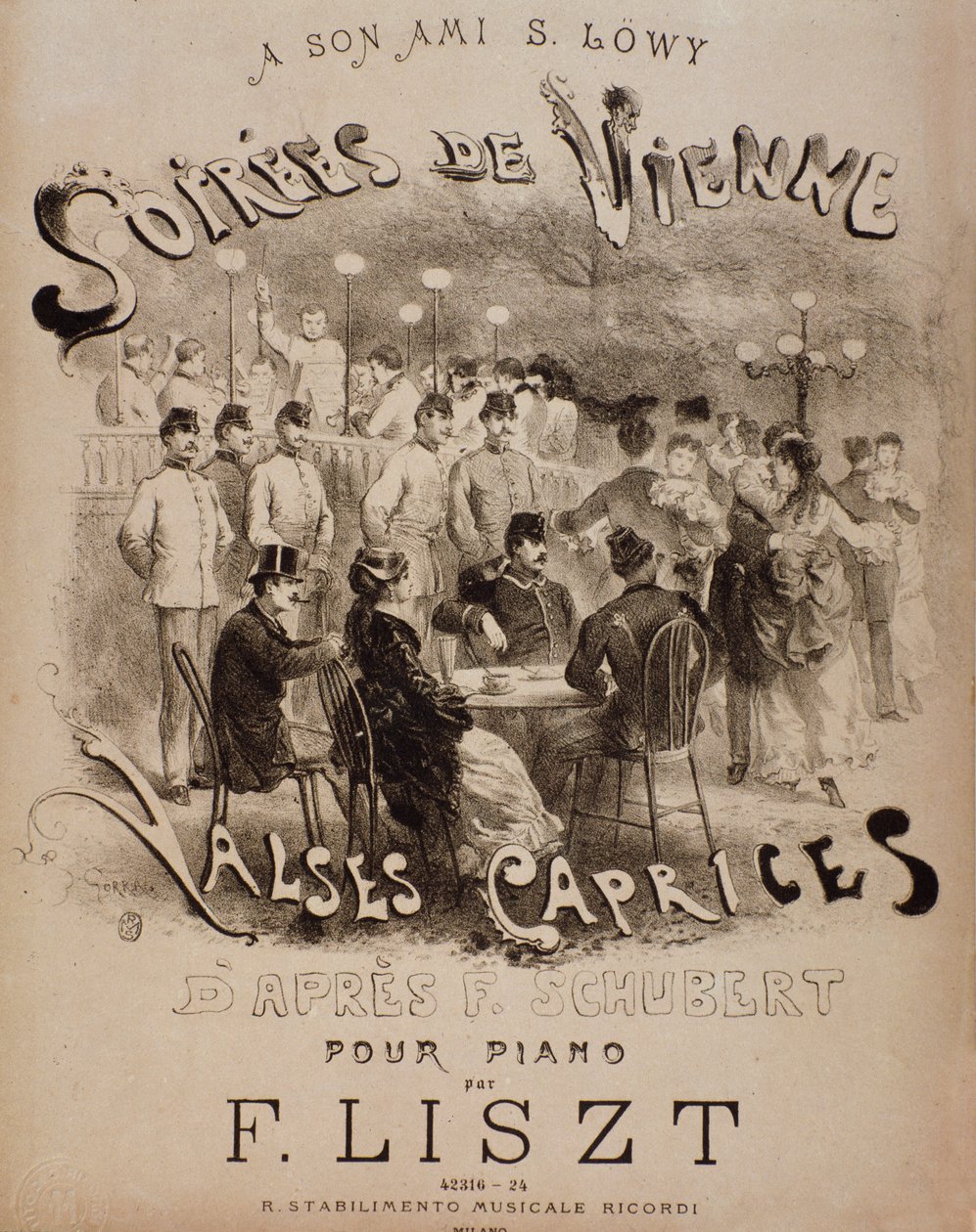 Frontispice av partituret Soirees de Vienne, Caprices Waltzes for piano av Liszt (1800-tallet) av Unknown artist