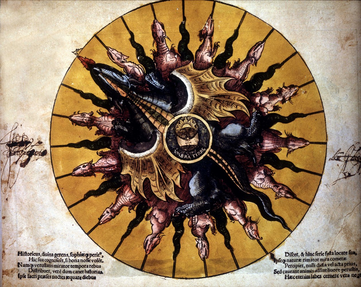 Frontispice som representerer en sol - i "Astronomicum Caesarium", avhandling om astronomi om teorien om Ptolemeus, av P. Apiano. av Unknown artist