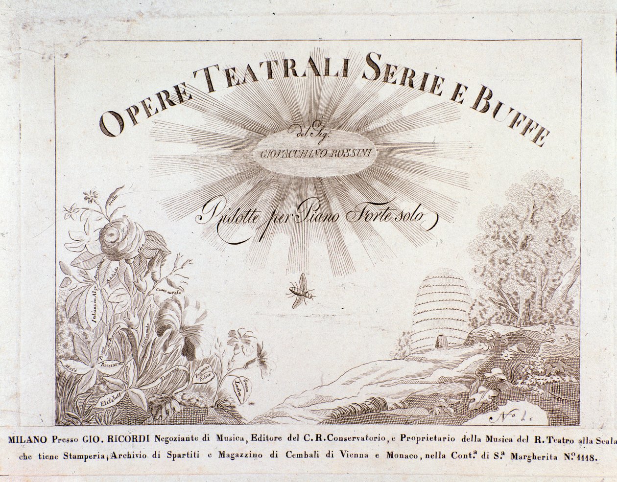 Frontispice for musikalske partiturer fra seriene med teaterverk og buffe av Gioacchino Rossini av Unknown artist