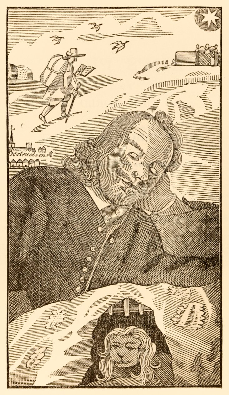 Frontispice fra The Pilgrims Progress From This World, To That What Is To Come av John Bunyan (1628-1688) som viser forfatteren som drømmer om pilgrimen Christian tynget av kunnskapen om sin synd av Unknown