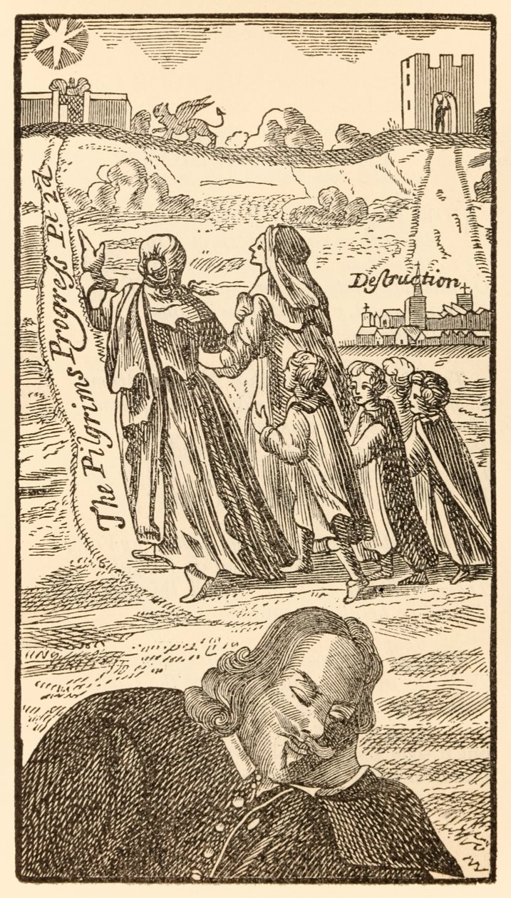 Frontispice fra den andre delen av The Pilgrims Progress From This World, To That What Is To Come av John Bunyan (1628-1688) som viser forfatteren som drømmer om den kristne familien, hans kone Christiana og av Unknown