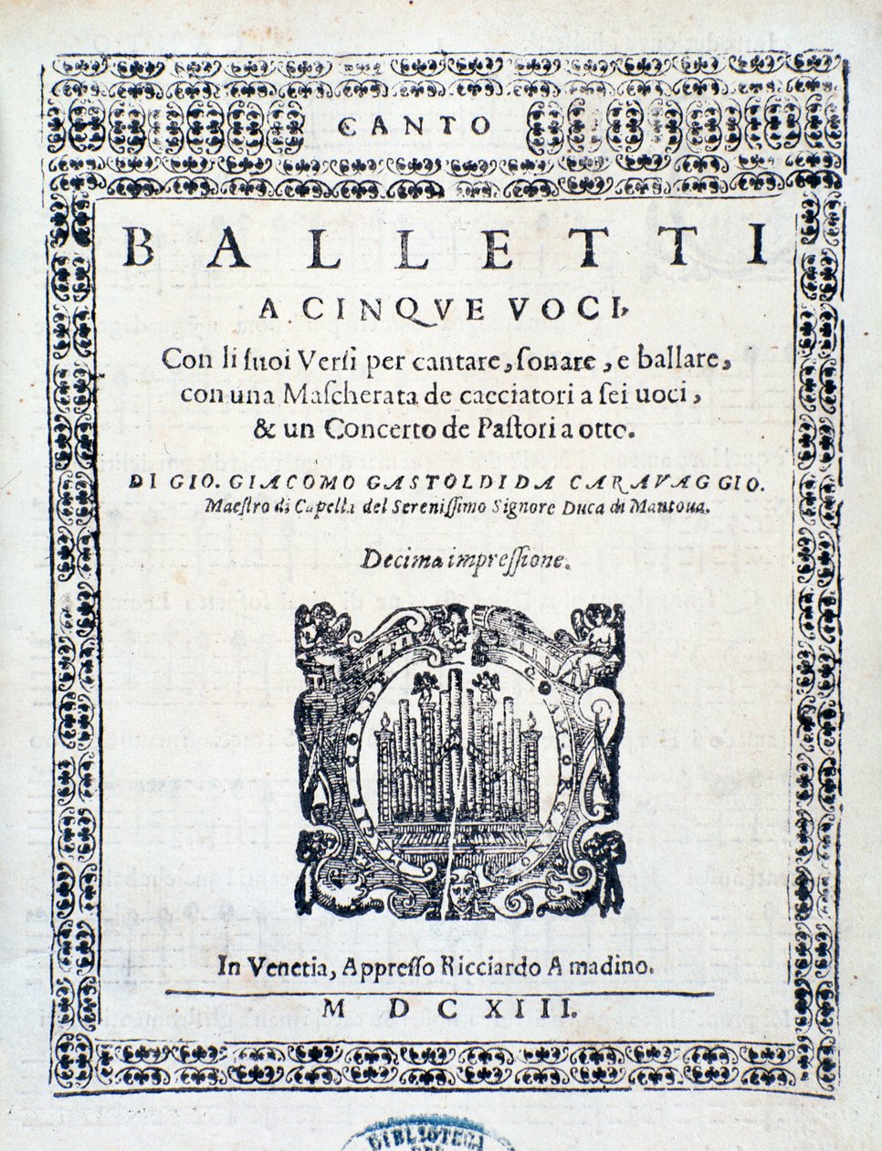 Frontispice av Balletti for fem stemmer av Giovanni Giacomo Gastoldi av Unknown artist