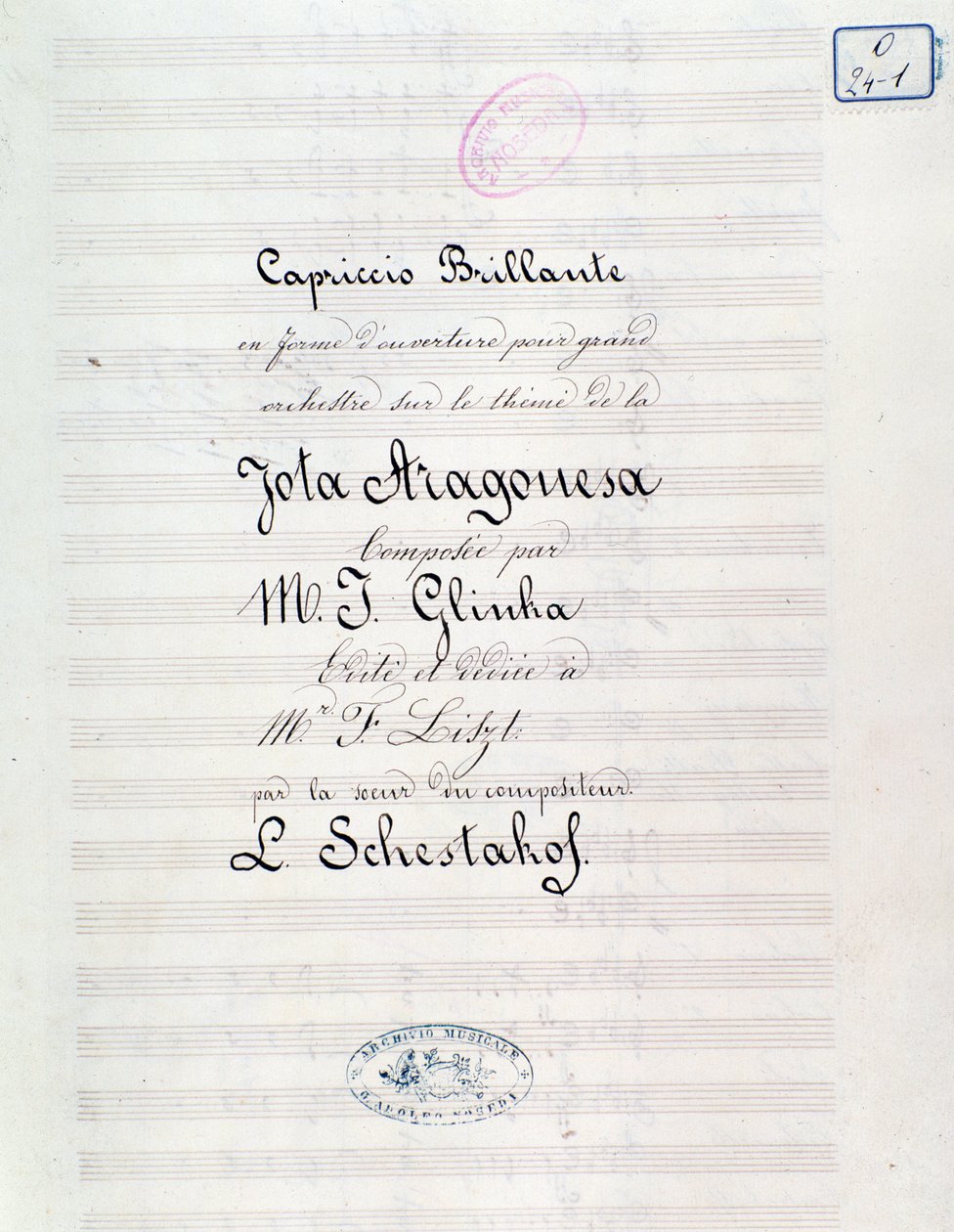 Frontispice av Capriccio briljant med temaet Jota Aragonese (spansk ouverture nr. 1) av Mikhail Glinka av Unknown artist