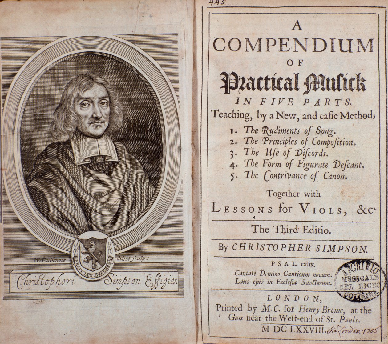 Frontispice av kompendium av praktisk musikk i fem deler med leksjoner i viola da gamba av Cristopher Simpson av Unknown artist