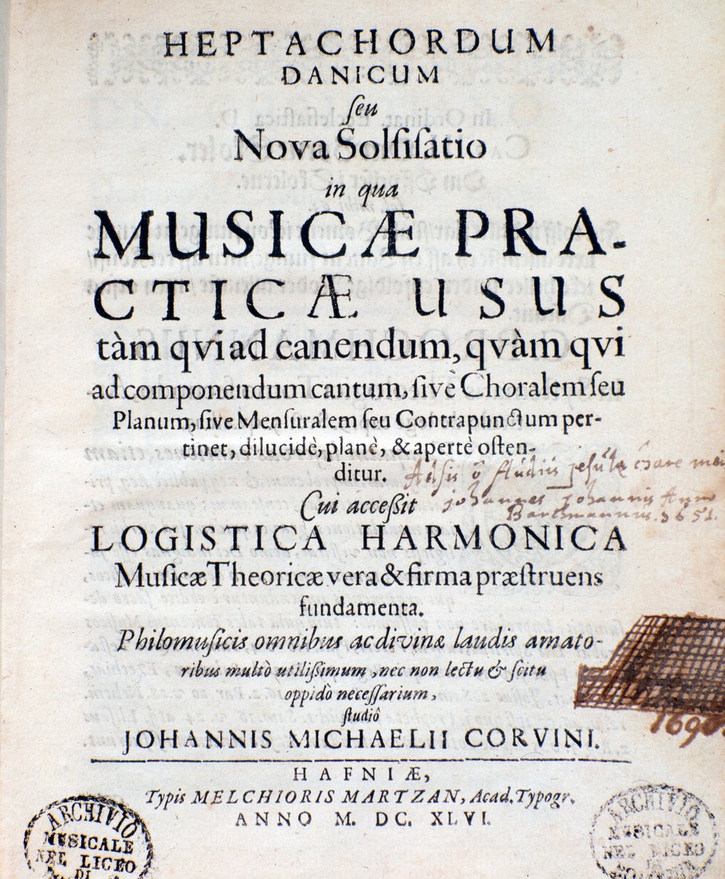 Frontispice av Heptachordum danicum av John Michael Corvinus av Unknown artist