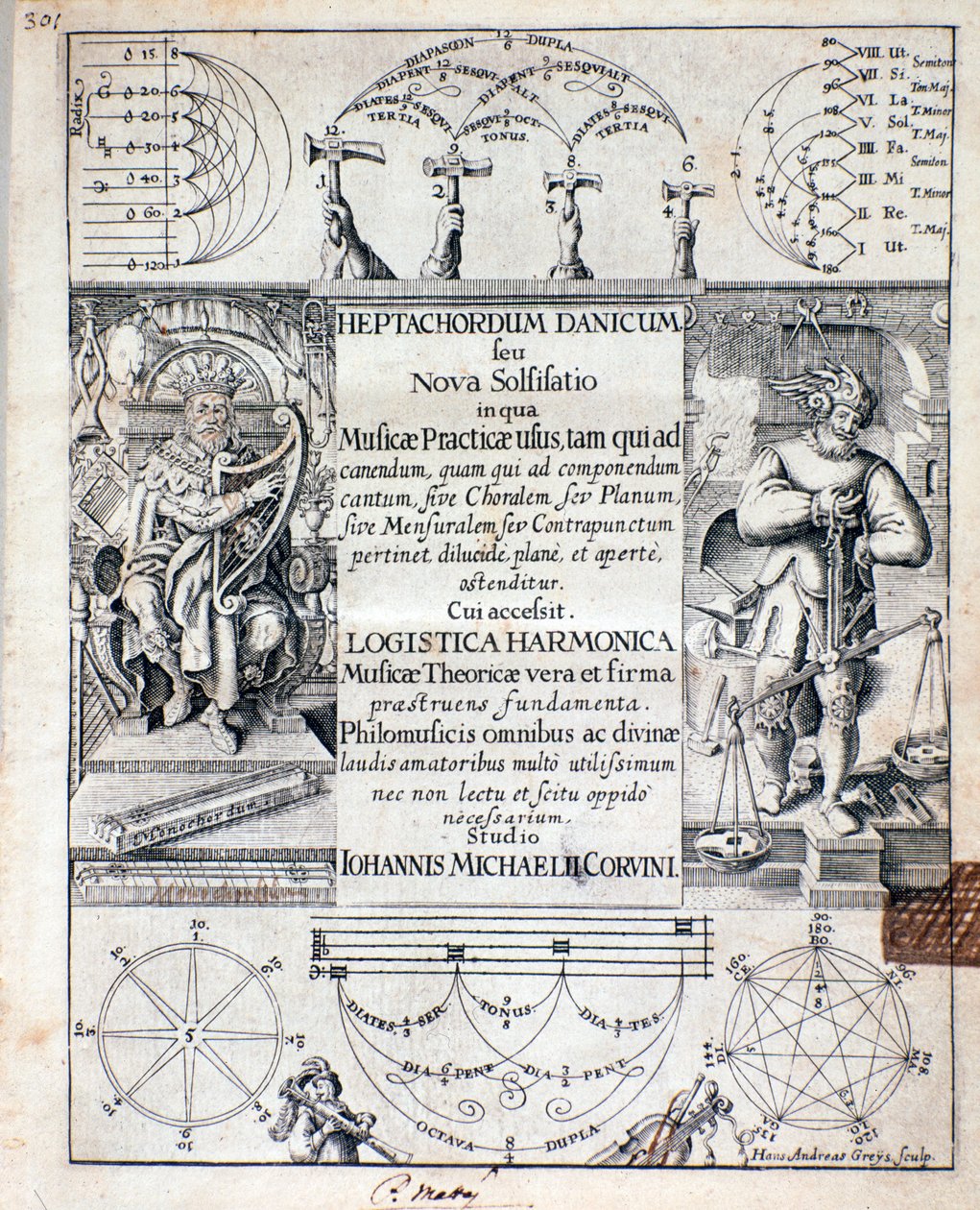 Frontispice av Heptachordum danicum av John Michael Corvinus av Unknown artist