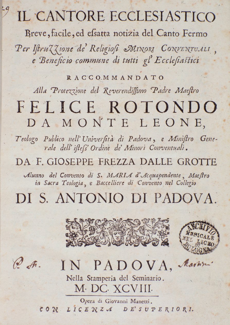 Frontispice av Il cantore ecclesiastico av Giuseppe Frezza dalle Grotte av Unknown artist