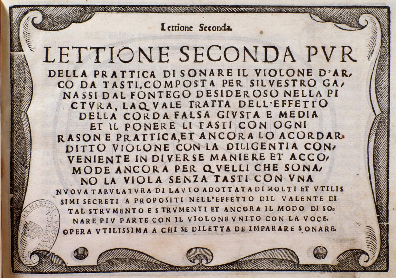 Frontispice av Second Lettione av Silvestro Ganassi fra Fontego av Unknown artist