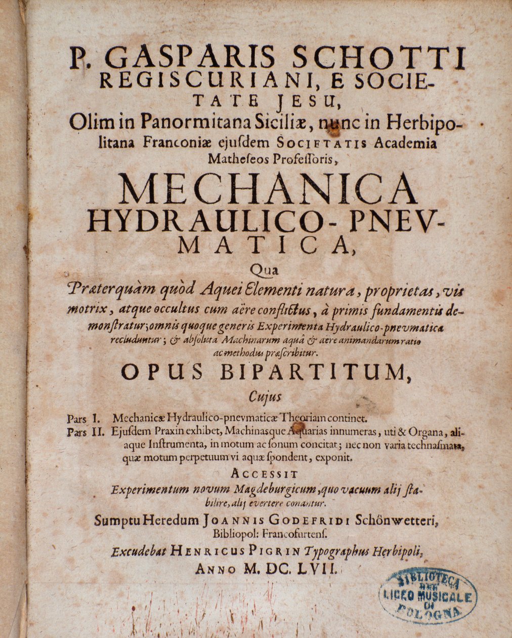Frontispice av Mechanica Hydraulico Pneumatica av Gaspar Schott av Unknown artist