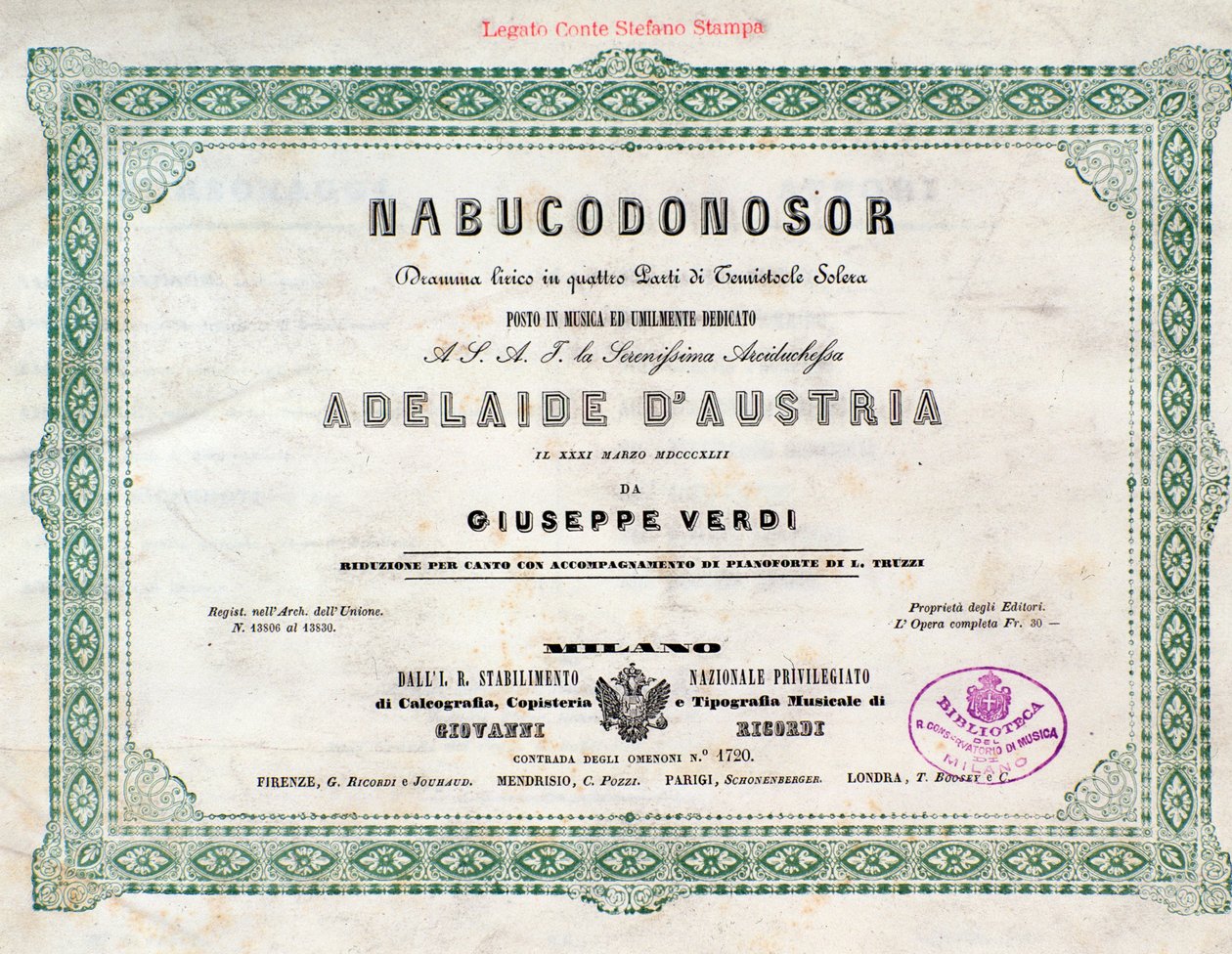 Frontispice av musikalsk partitur av Nabucco-operaen av Giuseppe Verdi av Unknown artist